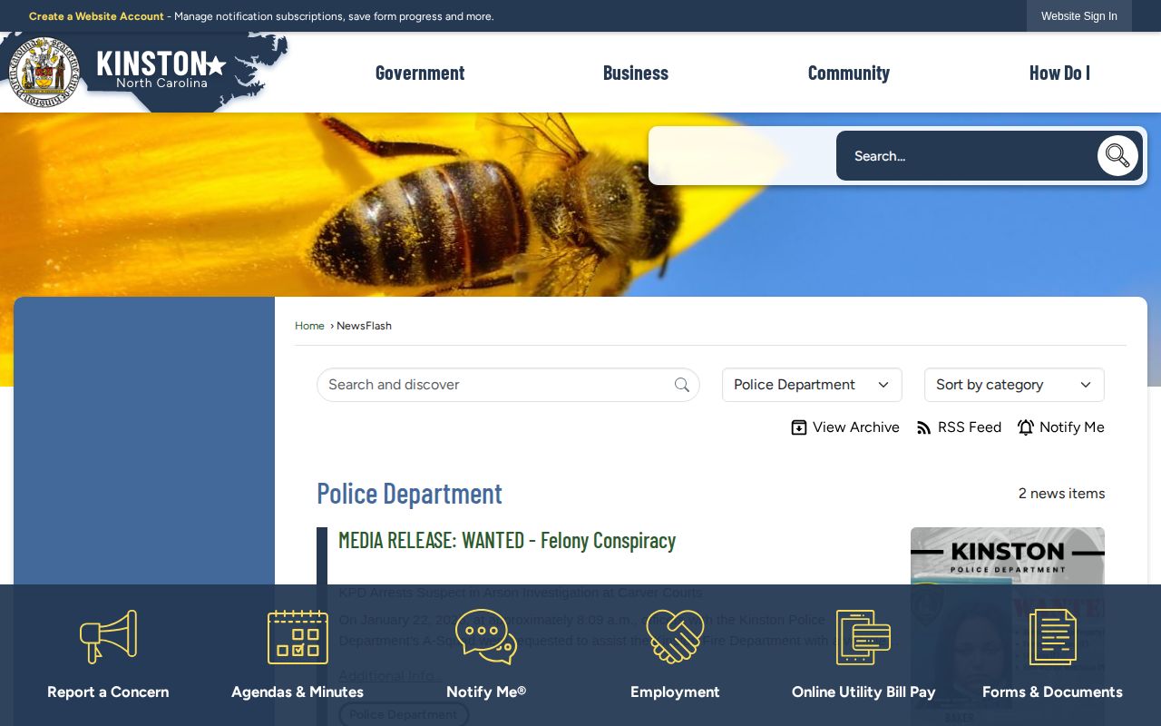 Kinston Police News Flash event-driven public notices