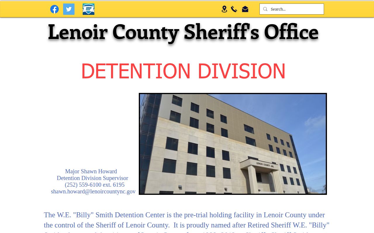 Lenoir County Sheriff Detention Division page describing the county booking facility