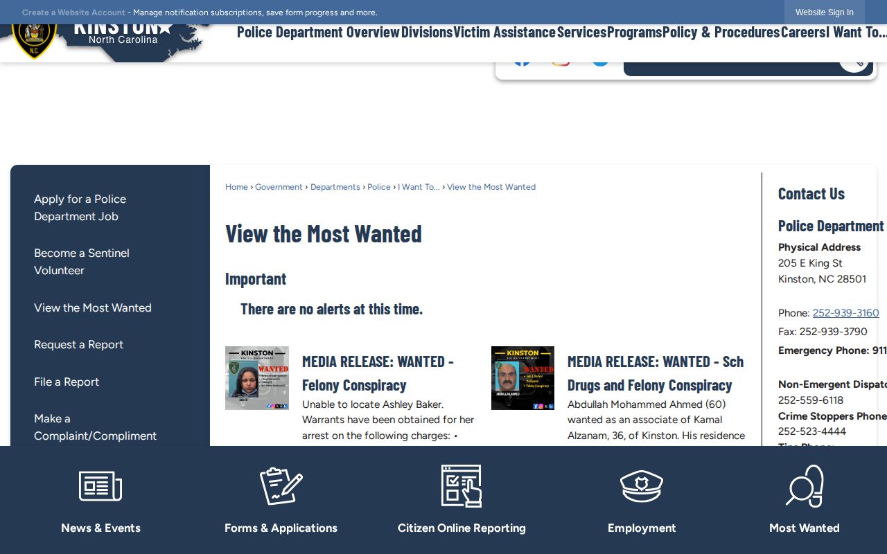 Kinston Police Most Wanted notices and public tip information