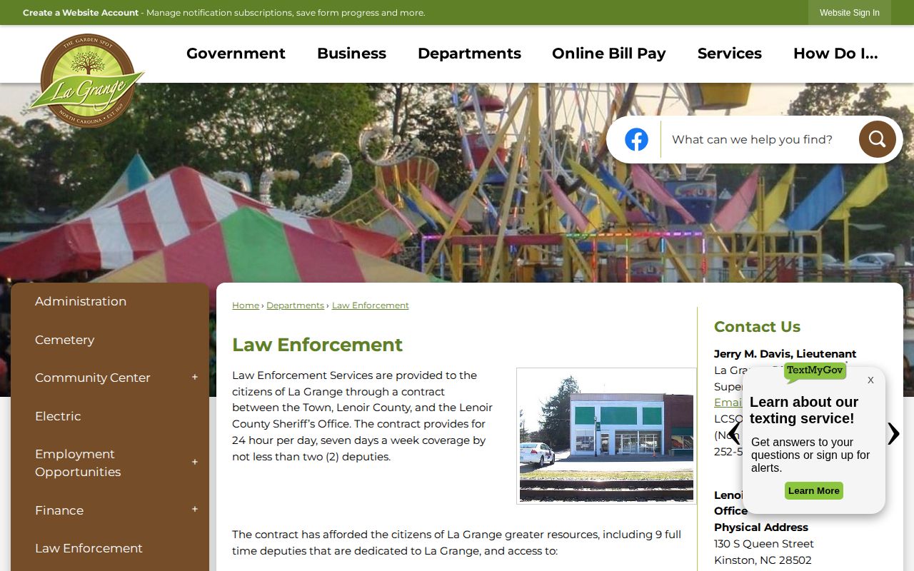 La Grange law enforcement page describing contracted Lenoir County Sheriff coverage