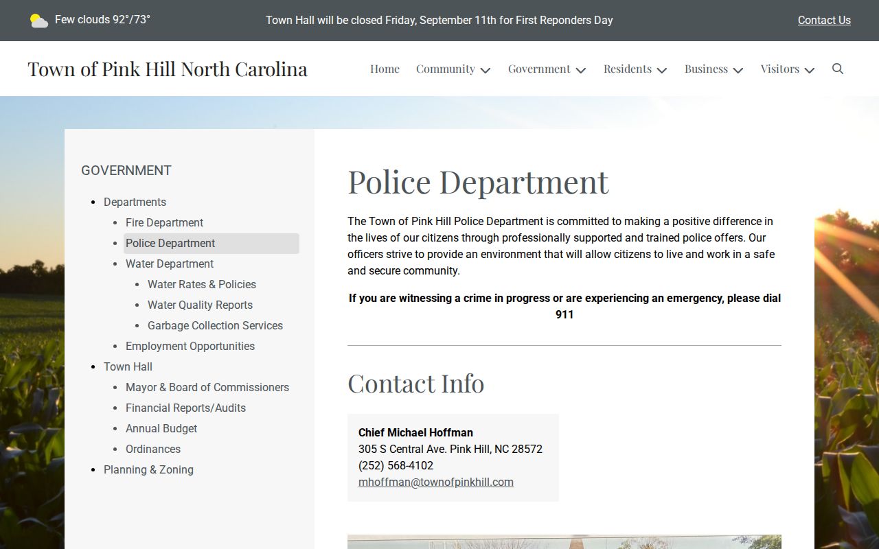 Official Pink Hill Police Department contact page