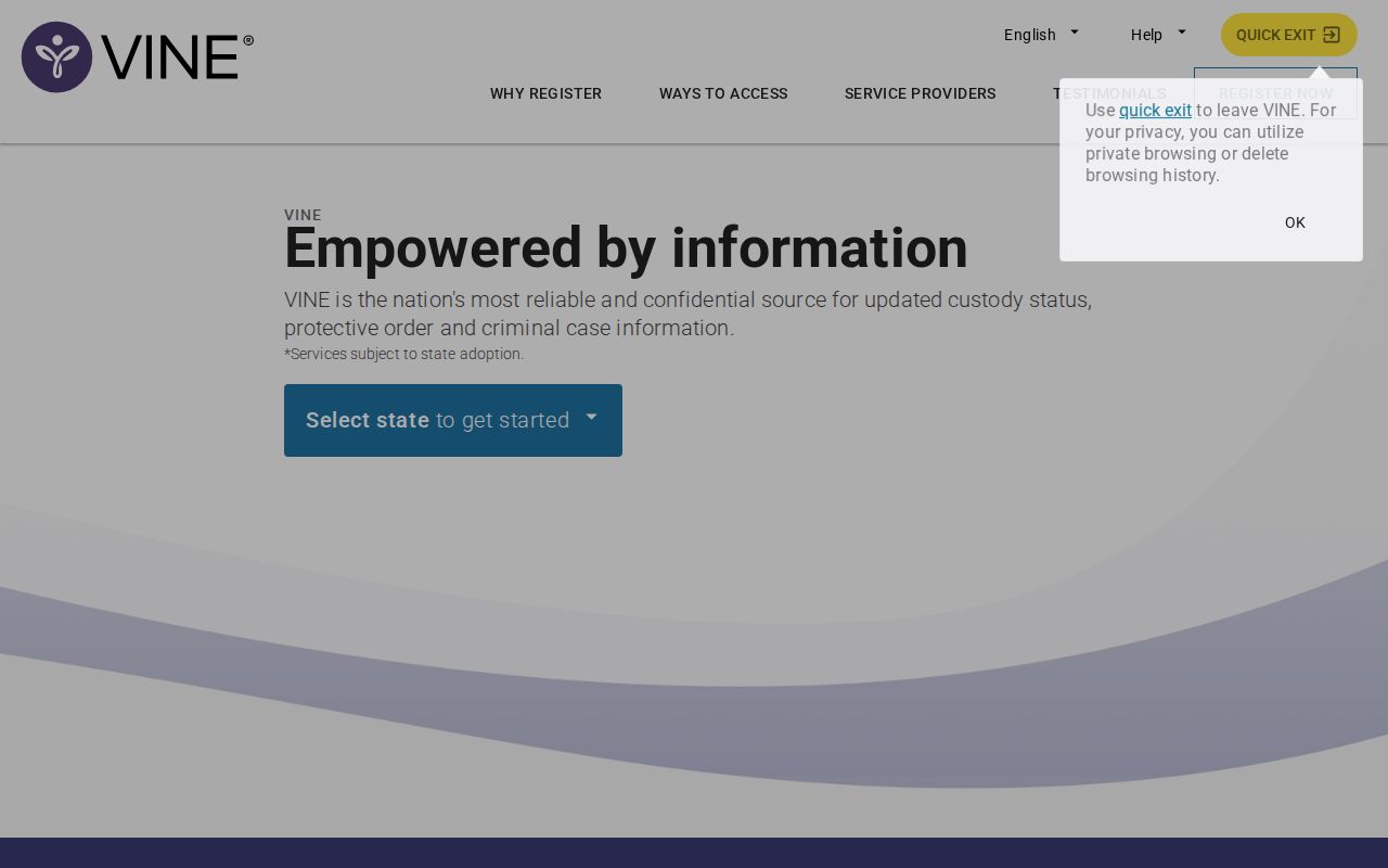 VINELink search screen for choosing a state and finding a custody record