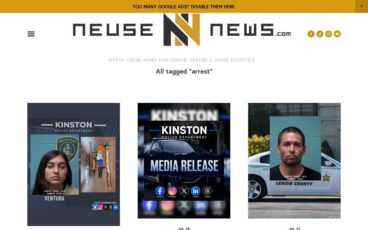 Neuse News arrest tag showing event-driven Lenoir County coverage